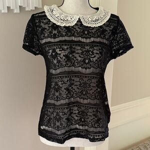 Forever 21 Sheer Black Lace Crochet Peter Pan Collar Short Sleeve Top M